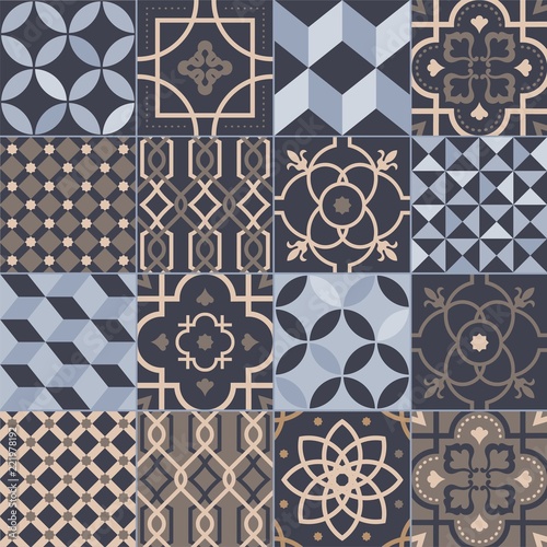 Collection of square ceramic tiles with various geometric and traditional oriental patterns. Set of decorative ornaments, ornamental weaving textures, floral motifs. Flat vector illustration.