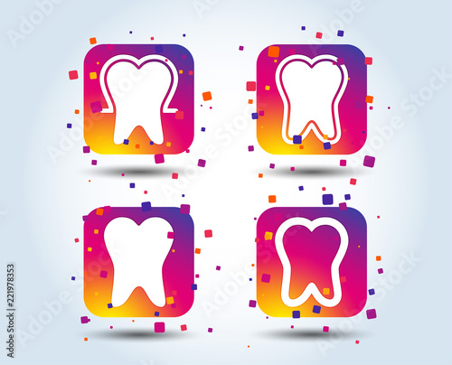 Tooth enamel protection icons. Dental toothpaste care signs. Healthy teeth sign. Colour gradient square buttons. Flat design concept. Vector