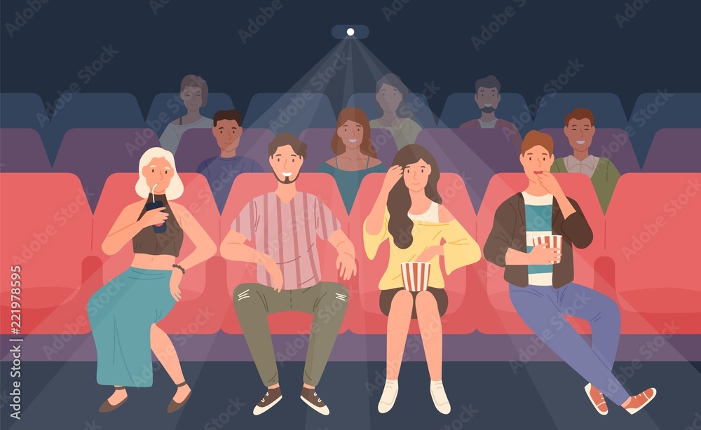 Young men and women sitting in chairs at movie theater or cinema  auditorium. Friends or mates watching film or motion picture together.  Front view. Colored vector illustration in flat cartoon style. Stock