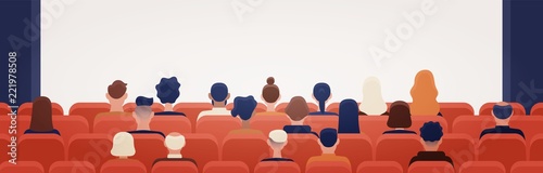 People sitting in movie theater or cinema hall and looking at projection screen. Man and women watching film or motion picture. Back view. Colorful vector illustration in flat cartoon style.