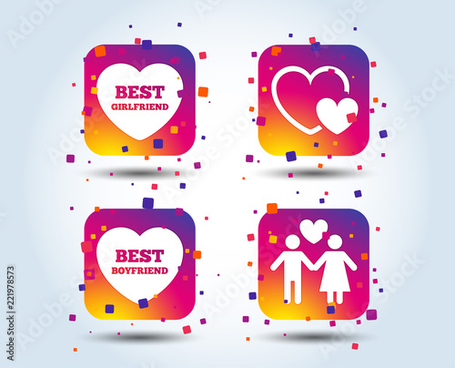 Valentine day love icons. Best girlfriend and boyfriend symbol. Couple lovers sign. Colour gradient square buttons. Flat design concept. Vector