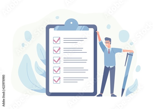 Smiling guy standing beside giant check list and holding pen. Concept of successful goal achievement, productive daily planning and task management. Colorful vector illustration in flat cartoon style.