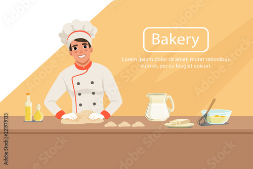 Illustration with man baker character kneading dough on the table with products. Male in uniform, chef s hat and apron at work. Bakery shop background. Flat vector