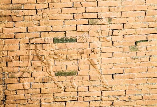 fragment of the Wall of partially restored Babylon ruins  Hillah  Iraq