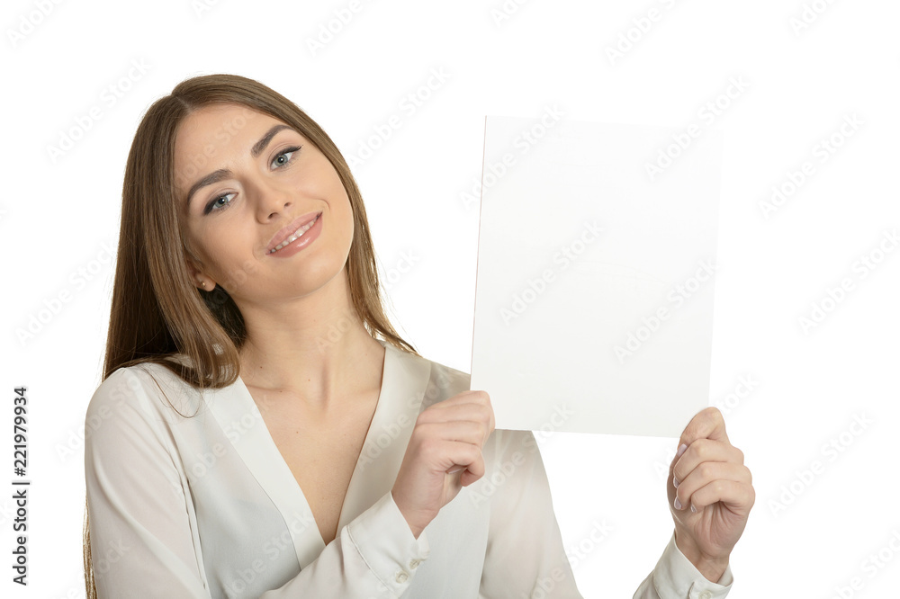 Portrait of woman and white signboard on white background Portrait of woman and white signboard on white background