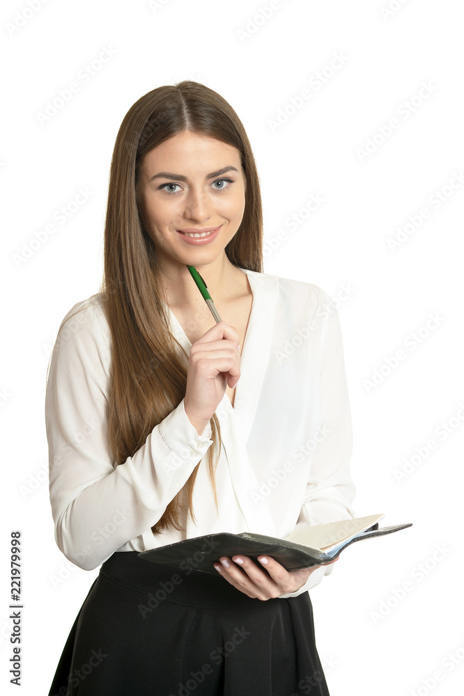 Beautiful woman with notebook on white background Beautiful woman with notebook on white background