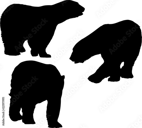 three large polar bears black isolated silhouettes