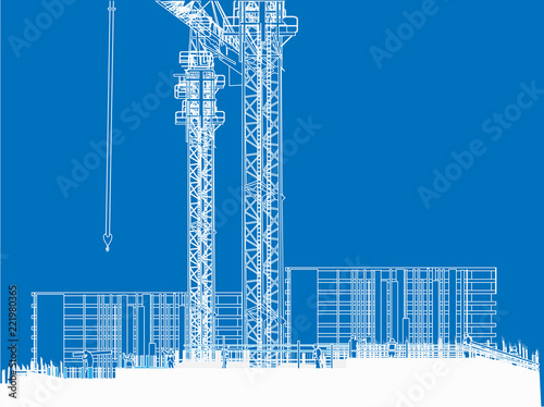 white unfinished house and cranes outline on blue