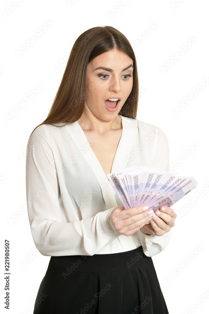 Beautiful woman with money on white background Beautiful woman with money on white background