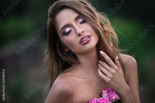 portrait of gorgeous woman with chubby lips and glamour makeup