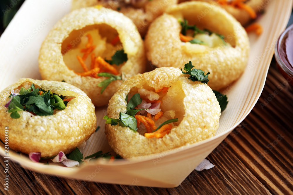 Pani Puri indian street food. Golgappe Pani Puri indian street food. Golgappe