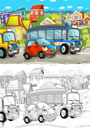 cartoon scene with different cars driving on the city street - police ambulance and school bus with artistic coloring page - illustration for children