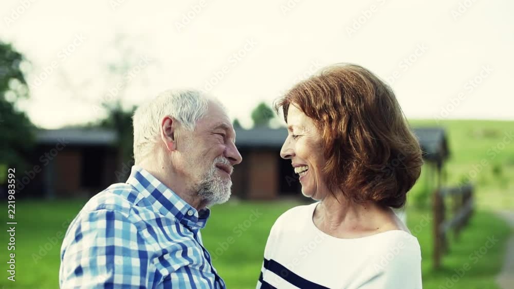 A senior couple in love standing outdoors in nature, talking. A senior couple in love standing outdoors in nature, talking.