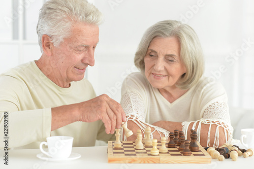 Portrait of happy senior couple playing chess together