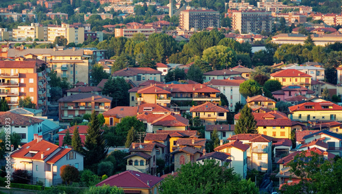 Bergamo, Italy August 18, 2018: Panoramic view from above to the evening city.