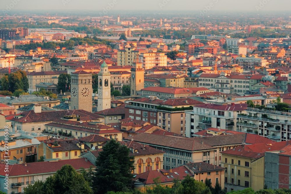 Bergamo, Italy August 18, 2018: Panoramic view from above to the evening city.