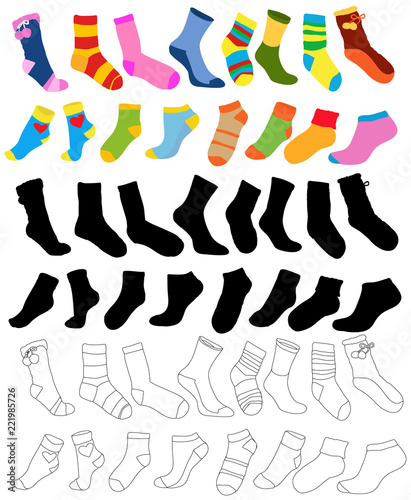 set of multicolored socks, silhouette