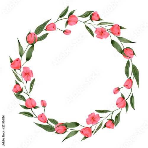 Wreath of hand painted crimson flowers, greeting card template, hand painted on a white background
