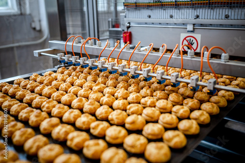 Profitrols on a conveyor belt at a bakery plant photo