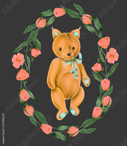 Wreath with hand-painted soft plush toy fox and pink flowers on a dark background