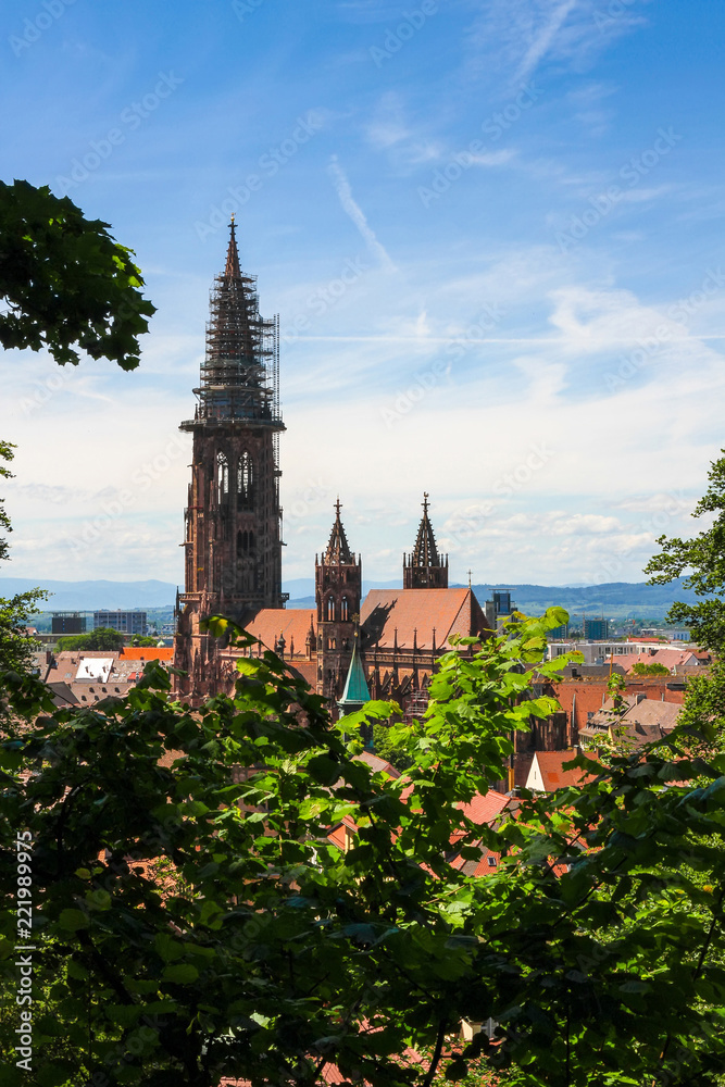 Landscape view of Freiburg im Breisgau, Germany with the Minster cathedral.