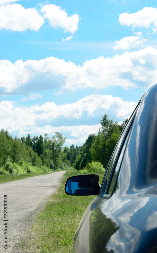 Rear-view mirror of the car standing on a roadside