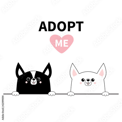 Chihuahua dog head face set. Hands paw holding line. Adopt me. Help homeless animal Pet adoption. Pink heart. Cute cartoon puppy character. Funny baby pooch. Flat design. White background