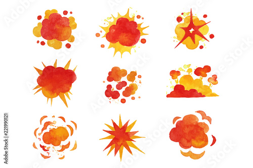 Explosions set, fire explosion effect watercolor vector Illustrations