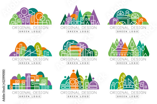Green logo original design set, abstract organic design elements vector Illustrations