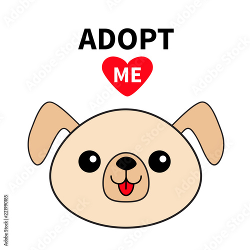 Pet adoption. Dog round face silhouette. Adopt me. Red heart. Kawaii animal. Cute cartoon puppy character. Funny baby pooch. Help homeless animal Flat design. White background