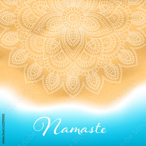 Flyer or brochure template with hand drawn mandala pattern on seashore background. Yoga classes banner