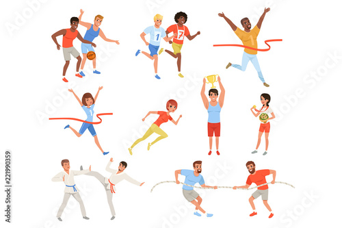 Flat sports people taking part in different competition. Basketball players, karate fighters, tug of war, athletes crosses finish line red ribbon, man and woman with trophies