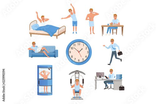 Man in different situations. Day time. Waking up, doing exercises, brushing teeth, eating, resting on sofa, running on work, taking shower, training at gym, working. Flat vector