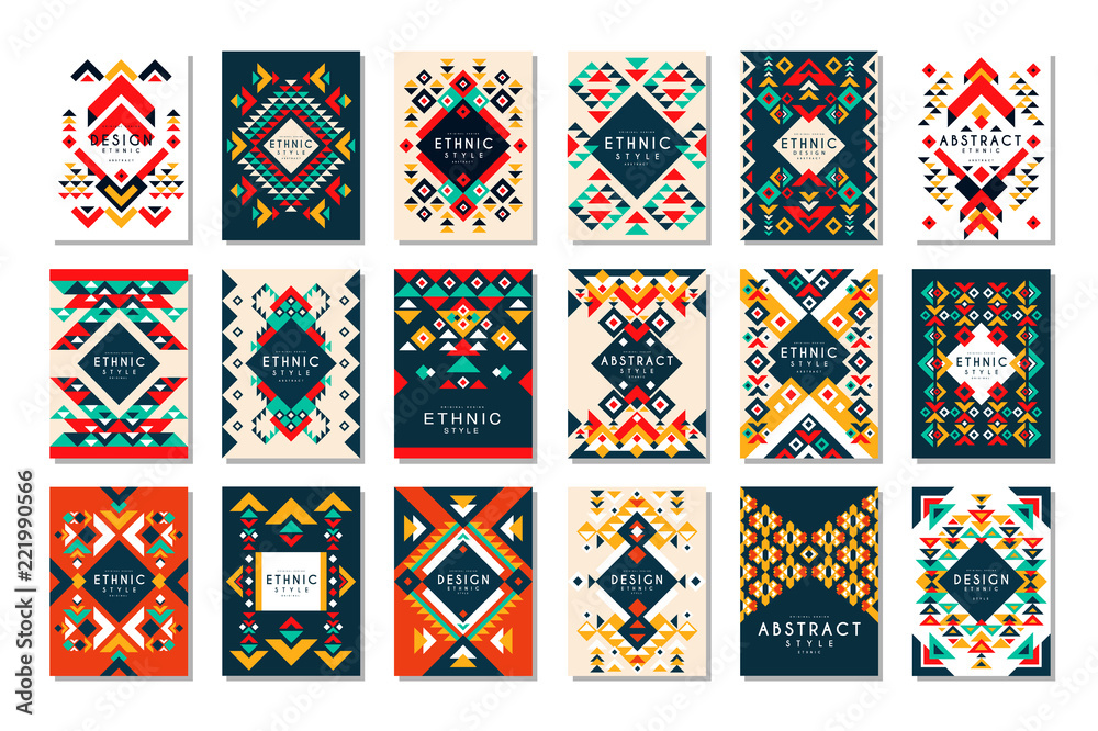 Colorful vector set of 9 card templates with geometric shapes. Abstract ethnic pattern. Elements for brochure, flyer or poster in trendy flat style