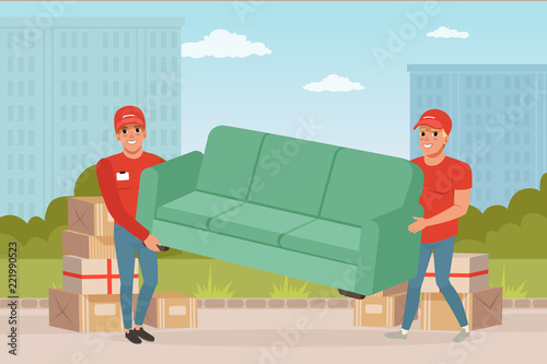 Strong guys carrying sofa. Cartoon couriers characters. Express delivery. Relocation and moving service. Transportation company. Colorful city landscape. Flat vector design