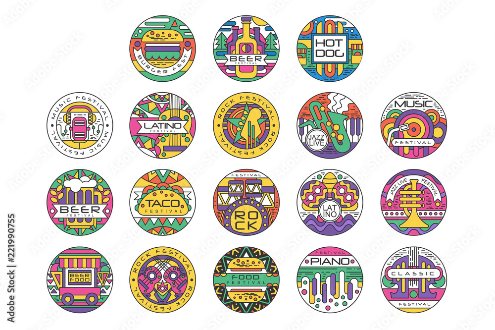 Naklejka premium Food festival logo set, Burger Fest, Beer Festival, Hot Dog, Tako Festival, Rock food and music round labels or stickers vector Illustrations