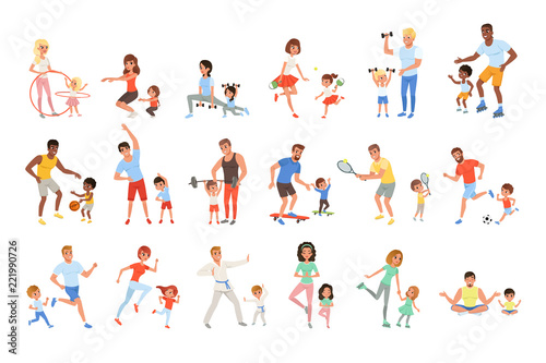 Set with parents and their children doing different sport exercises. Family time. Physical activity and healthy lifestyle concept. Colorful flat vector design