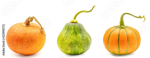 set of yellow and green pumpkins isolated on white