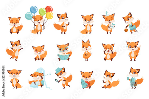 Cute little foxes showing various emotions and actions. Cartoon characters of forest animals. Flat vector design for mobile app, sticker, kids print, greeting card