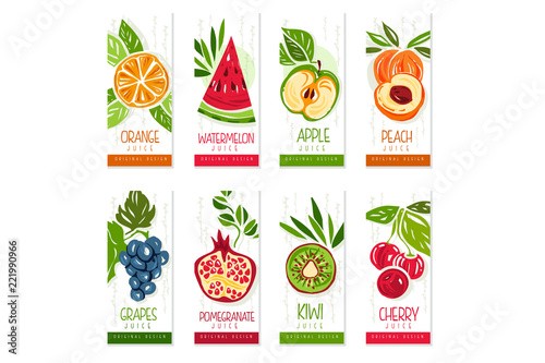 Vertical cards or banners set of fresh fruits watermelon, orange, apple, pear, kiwi, peach, cherry, pomegranate, grapes. Hand drawn original vector design © topvectors