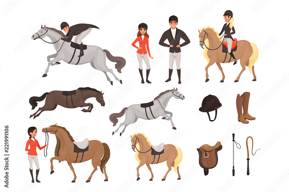 Cartoon jockey icons set with professional equipment for horse riding. Woman and man in special uniform with helmet. Equestrian sport concept. Flat vector design Cartoon jockey icons set with professional equipment for horse riding. Woman and man in special uniform with helmet. Equestrian sport concept. Flat vector design