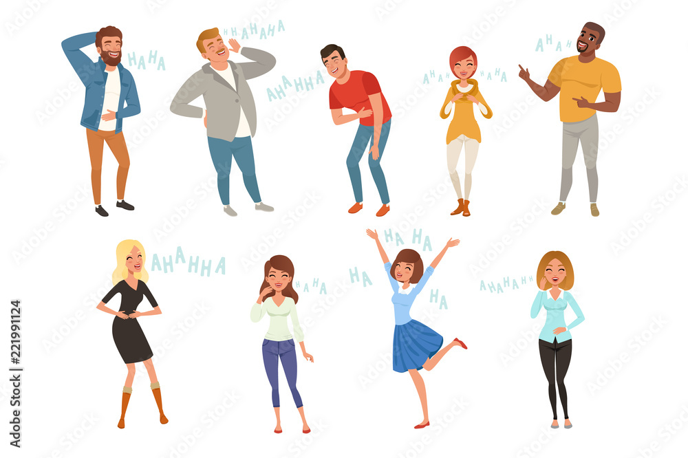 Colorful icon set with loudly laughing people at funny joke. Cartoon men and women characters in casual clothes. Hahaha text. Full-length portraits. Flat vector design