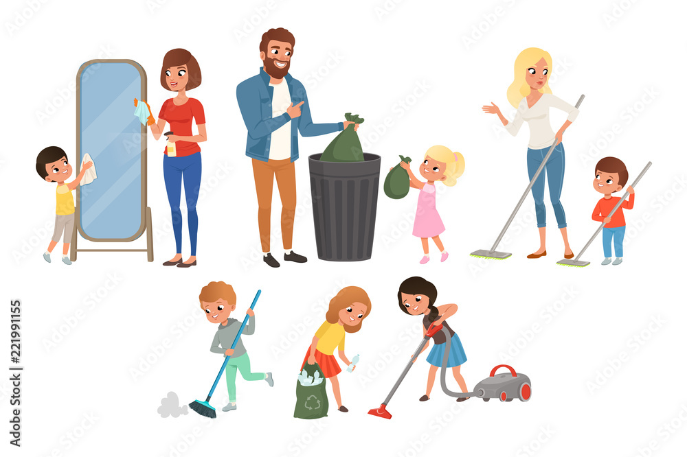 Children helping their parents with housework. Sweeping, vacuuming
