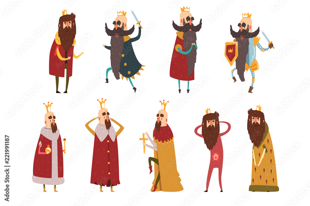 Set of different funny bearded kings in different actions. Old men wearing gold crowns, mantels and armor. Rulers of kingdoms. Cartoon characters. Flat vector design