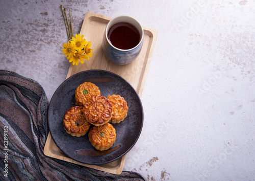 Chinese Mid Autumn Festival Moon cake and tea photo