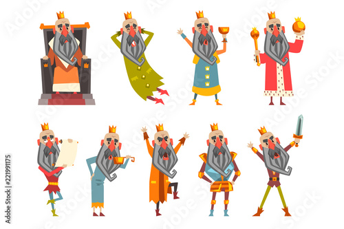 Set of funny king in various clothes. Cartoon character of old bearded man wearing gold crown. Ruler of kingdom. Flat vector design for postcard or children s book