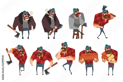 Cartoon set of lumberjack in different actions. Woodcutter with axe. Strong bearded man in hipster plaid shirt, jeans, sweater, jacket, hat. Flat vector design