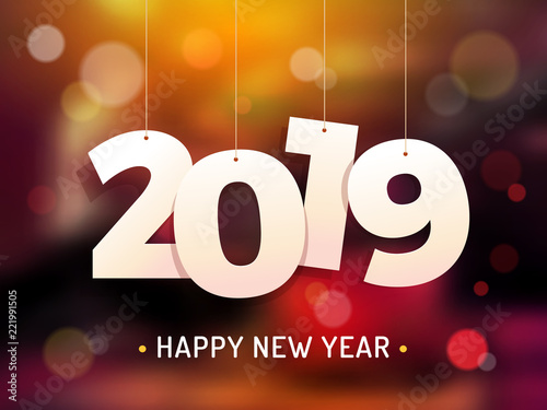 Happy 2019 New Year's Eve Celebration concept with numbers hanging on threads with bokeh blurred background behind vector illustration