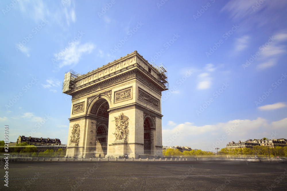 Long exposure view of the Arc du Triomphe at the Place de Gaulle in Paris, France
