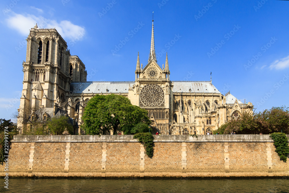 Beautiful view of the Notre-Dame Cathedral in Paris, France, in spring
